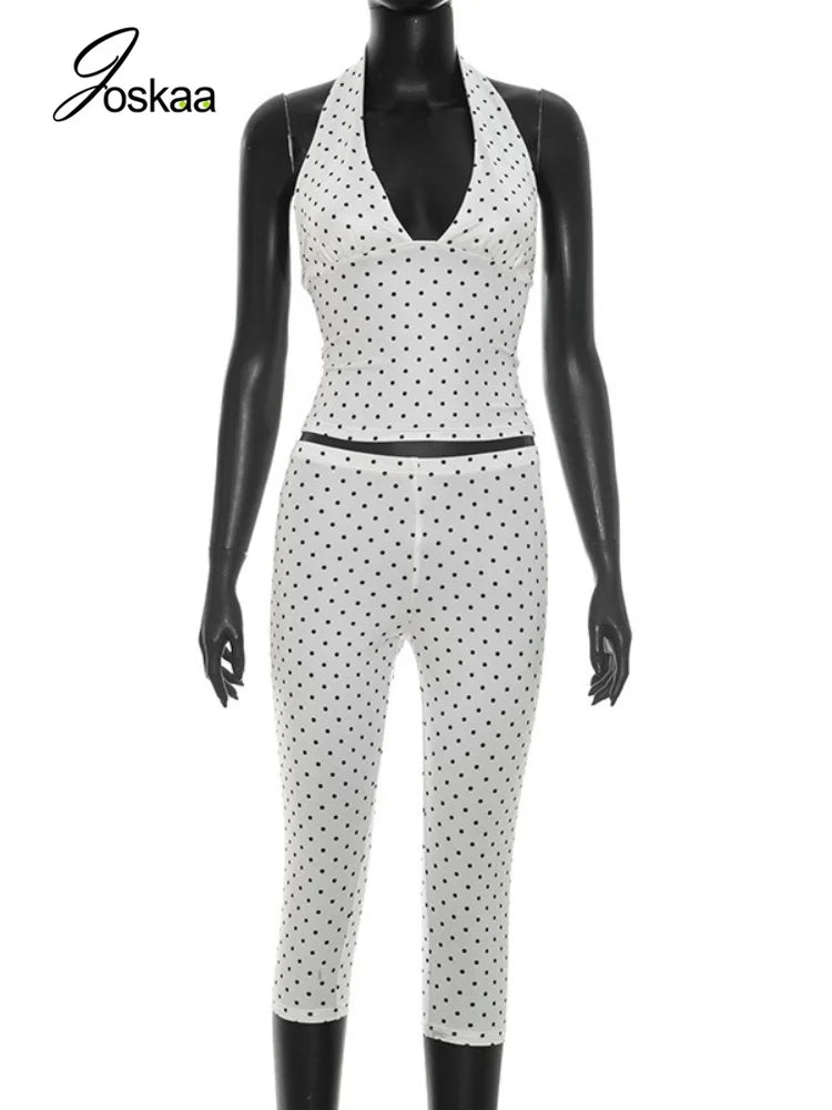 Women's Polka Dot Backless Halter Two Piece Set White – Back View