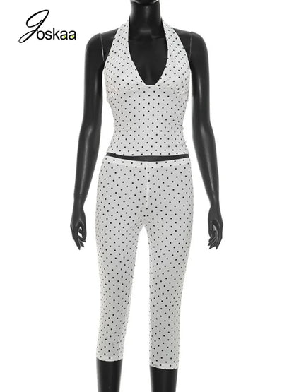 Women's Polka Dot Backless Halter Two Piece Set White – Back View
