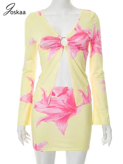 Women's Floral Print Long Sleeve Bodycon Two Piece Set Yellow – Back View