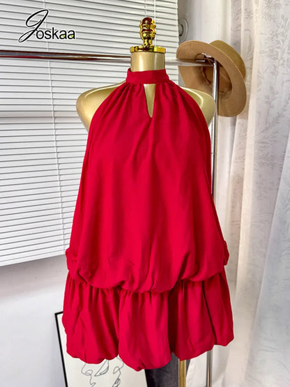 Women's Backless Halter Sleeveless Mini Dress Red – Back View