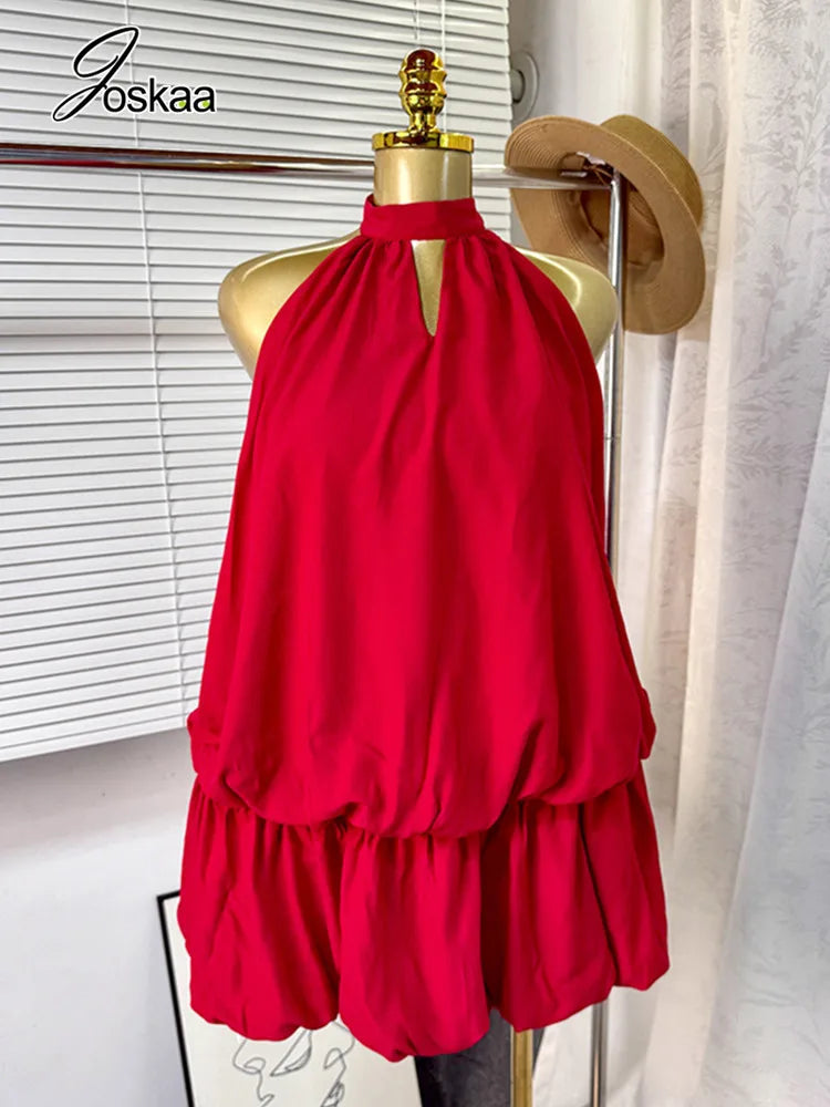 Women's Backless Halter Sleeveless Mini Dress Red – Back View