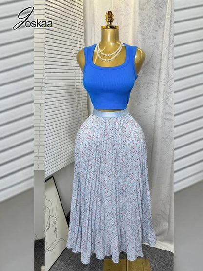 Women's Crop High Waist Pleated Two Piece Set Apricot Floral – Side View