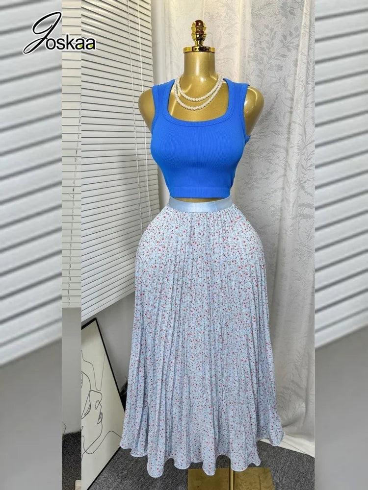 Women's Crop High Waist Pleated Two Piece Set Apricot Floral – Side View