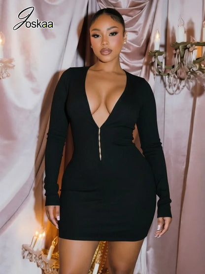 Women's Ribbed Knit V-neck Long Sleeve Bodycon Mini Dress - Side View