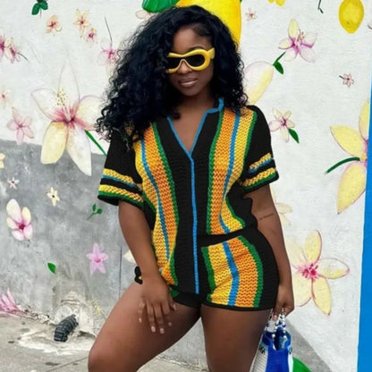 Women's Stripe Knit Short Sleeve Two Piece Set