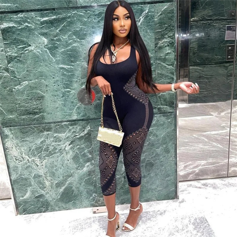 Women's Cutout Bodycon Jacquard Black Jumpsuit Romper