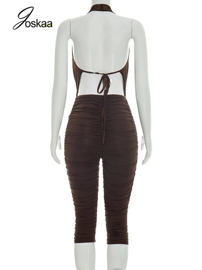 Women's Mesh Backless Halter Two Piece Set Brown – Detail View