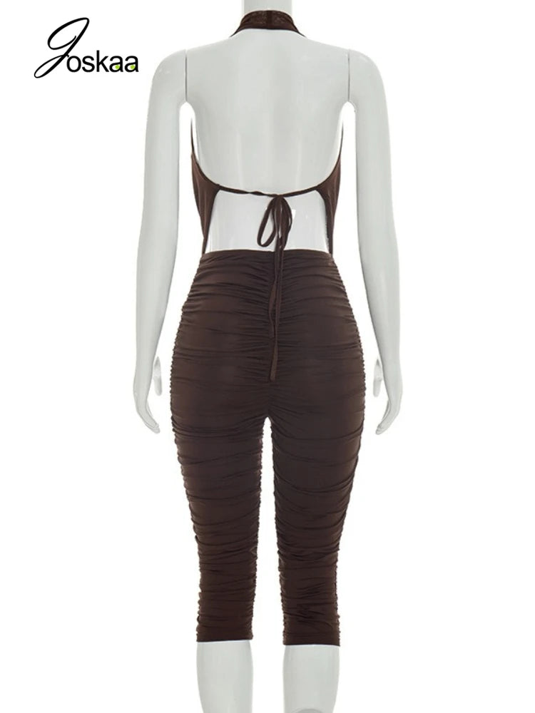 Women's Mesh Backless Halter Two Piece Set Brown – Detail View