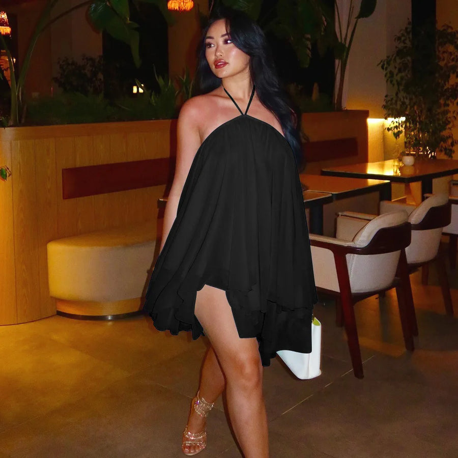 Women's Lace Ruched Backless Halter Mini Dress