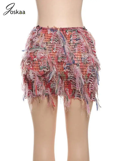 Women's Stripe Bodycon Mini Colorful Striped Tassel Skirt Light Blue – Detail View