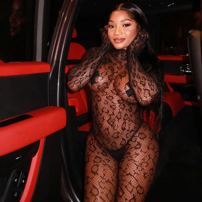 Women's Leopard Print Mesh Long Sleeve Romper