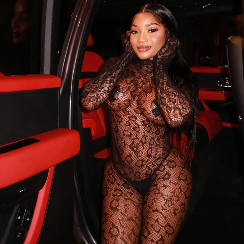 Women's Leopard Print Mesh Long Sleeve Romper