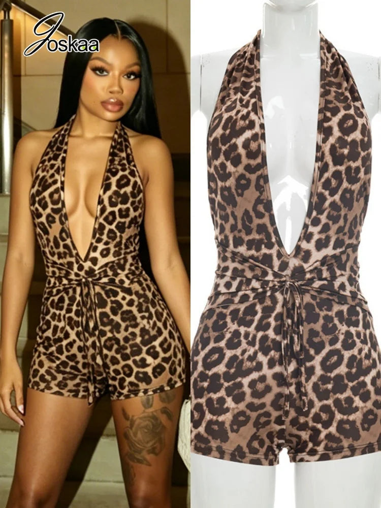 Women's Leopard Print Backless Halter Romper – Women's Fashion Wholesale – Front View