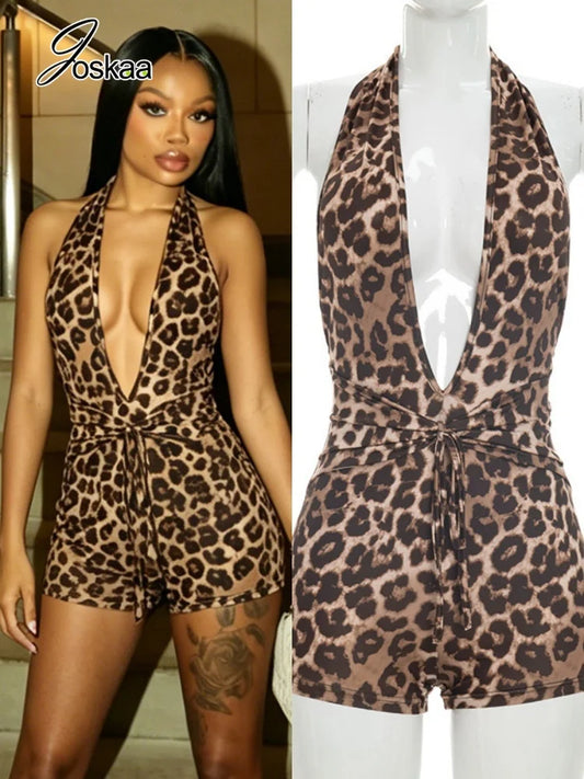 Women's Leopard Print Backless V-neck Halter Romper - Women's Fashion Wholesale - Front View