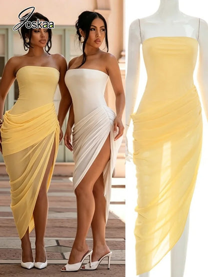 Women's Mesh Ruched Strapless Bodycon Dress – Women's Fashion Wholesale – Front View
