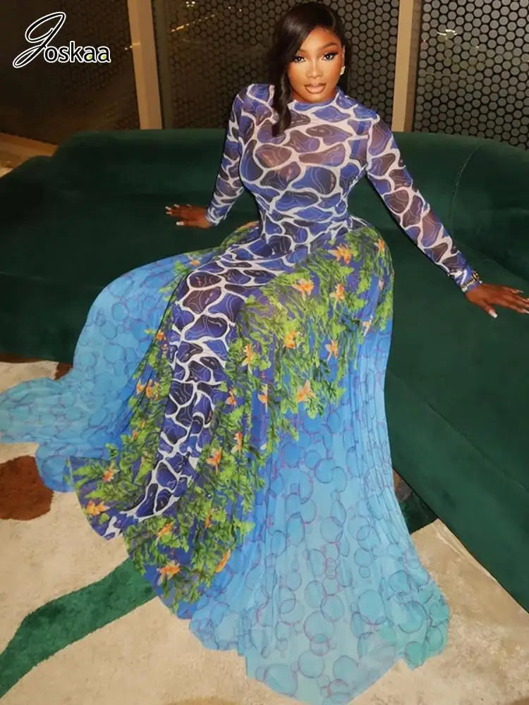Women's Floral Print Mesh Long Sleeve Maxi Dress – Women's Fashion Wholesale – Front View