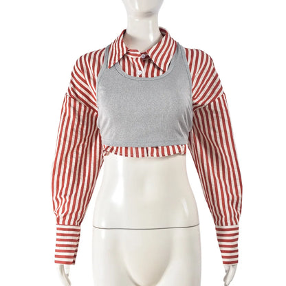Women's Stripe Long Sleeve Crop Two Piece Set