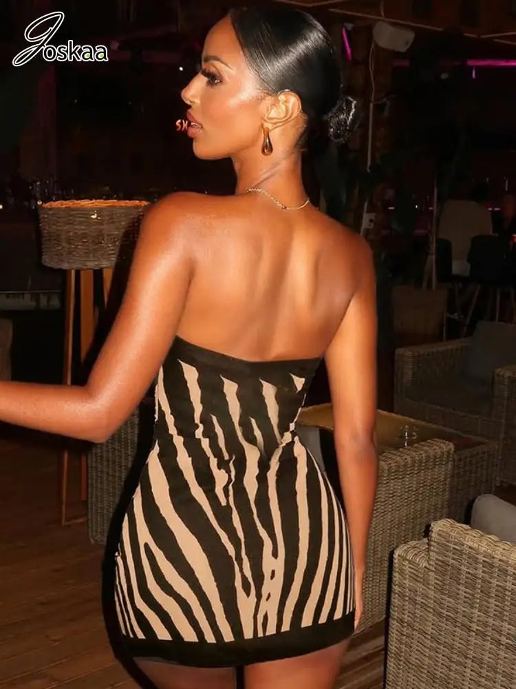 Women's Zebra Print Stripe Backless Mini Dress Black – Front View