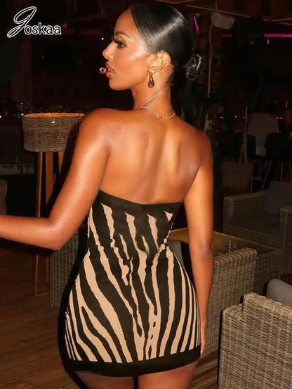 Women's Zebra Print Stripe Backless Mini Dress Black – Front View