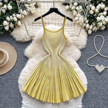 Women's Stripe Knit Sleeveless Ribbed Pleated Dress