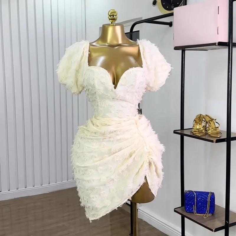 Women's Ruched Elegant V-neck Puff Mini Dress