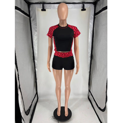 Women's Leopard Print Short Sleeve Crop Two Piece Set