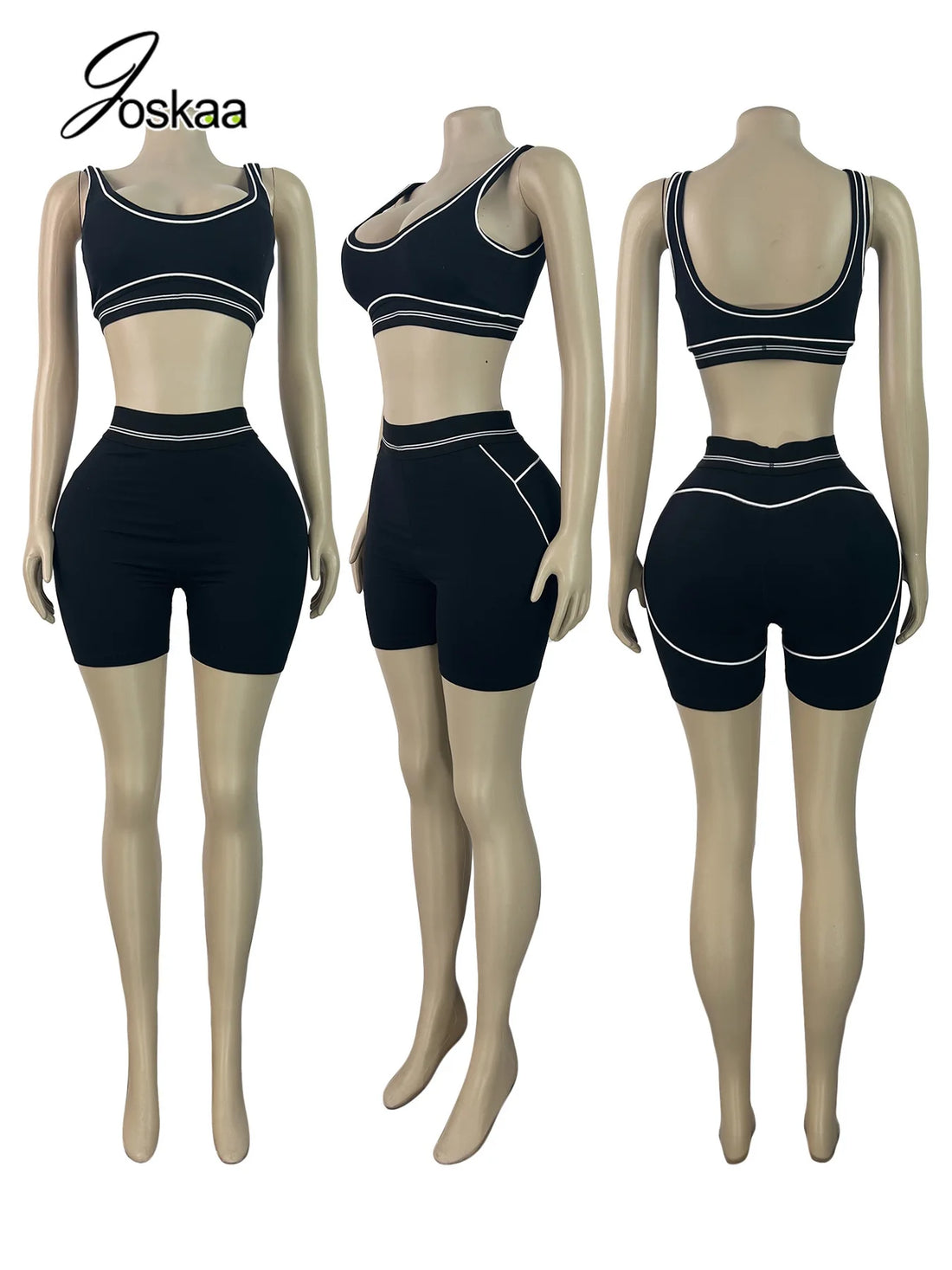 Women's Crop Color Contrast Line Two Piece Set Gray Pants Suit – Back View