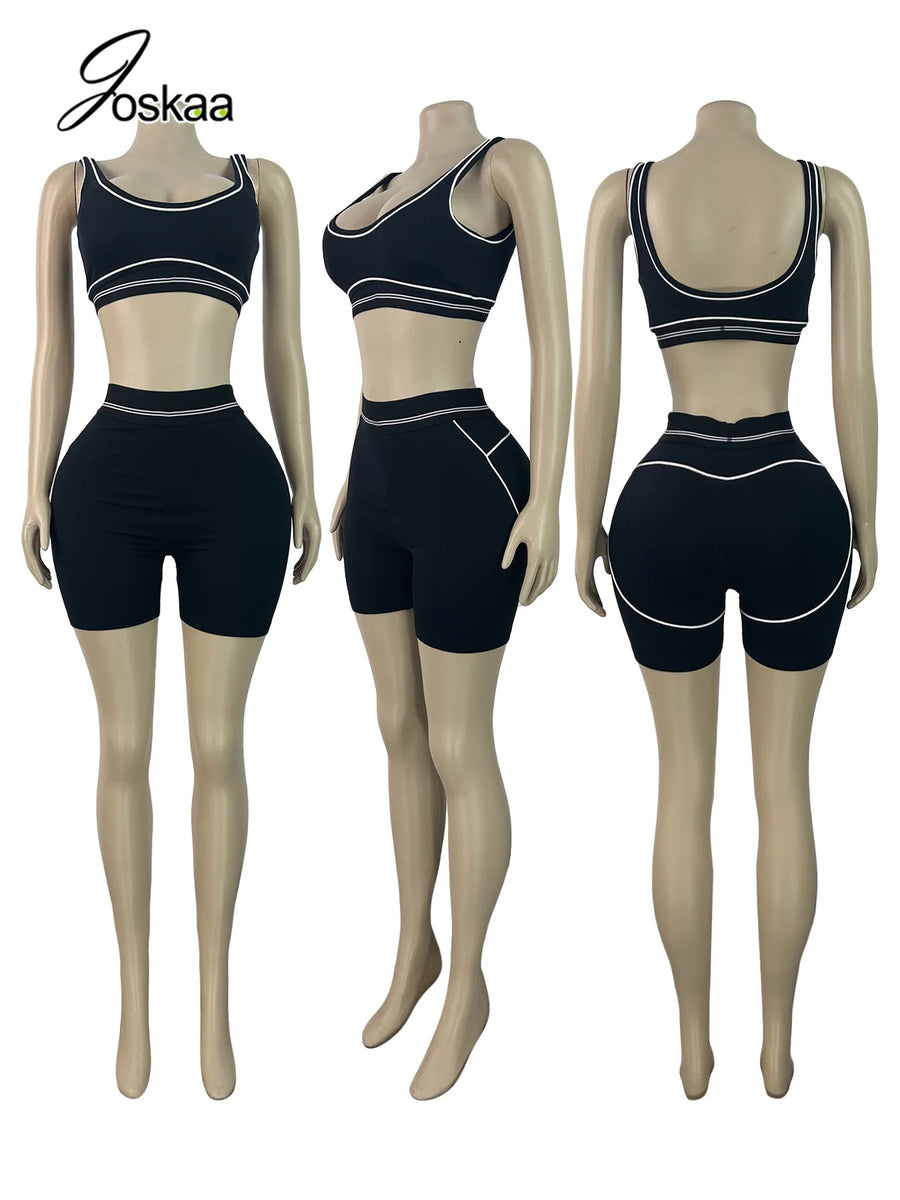 Women's Crop Color Contrast Line Two Piece Set Gray Pants Suit – Back View