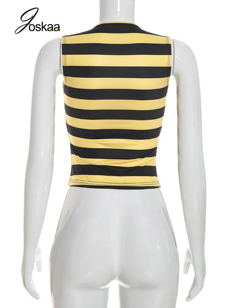 Women's Striped V-neck Sleeveless Bodycon Top - Detail View