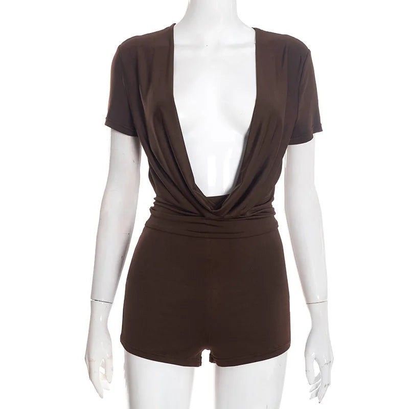 Women's Short Sleeve Bodycon Solid Rompers Slim Romper