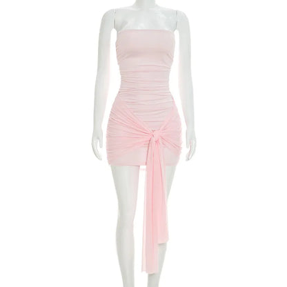 Women's Mesh Ruched Backless Strapless Mini Dress