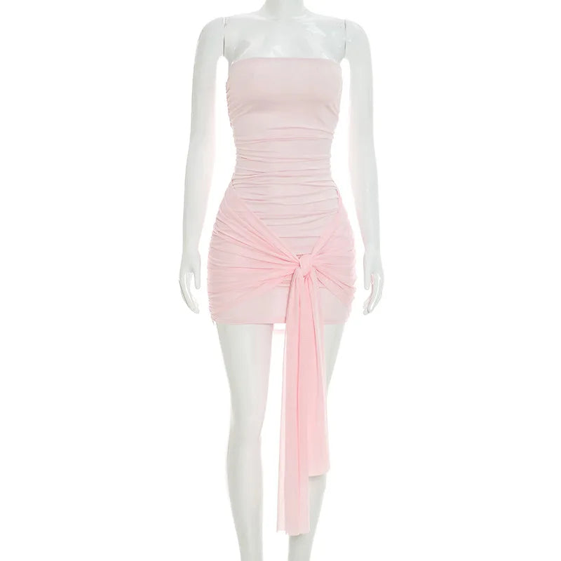 Women's Mesh Ruched Backless Strapless Mini Dress