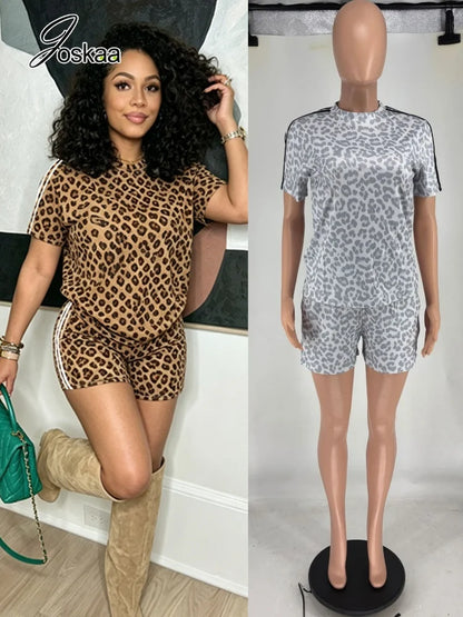 Women's Leopard Print Short Sleeve Two Piece Set – Women's Fashion Wholesale – Front View
