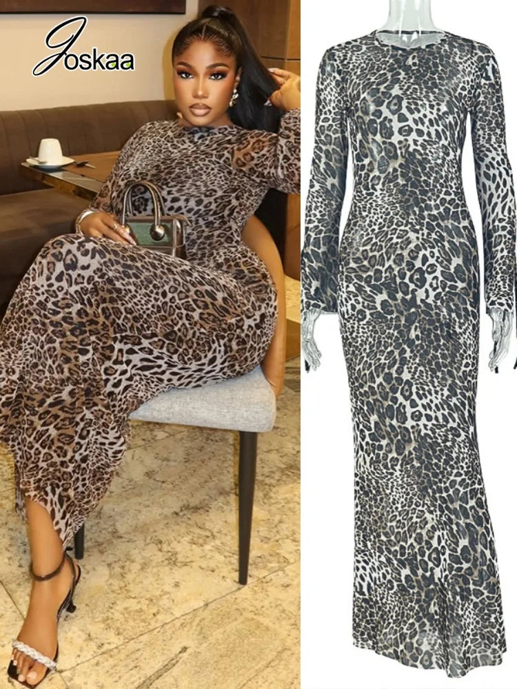 Women's Leopard Print Mesh Bodycon Maxi Dress – Women's Fashion Wholesale – Front View