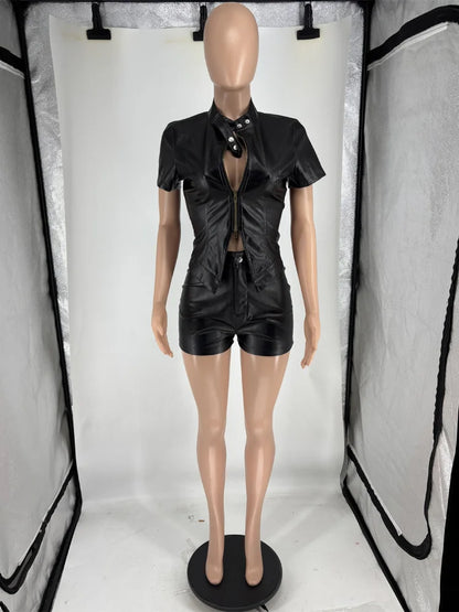 Joskaa Faux Leather Zip Up Short Sleeve Two Piece Set - two piece set image 2