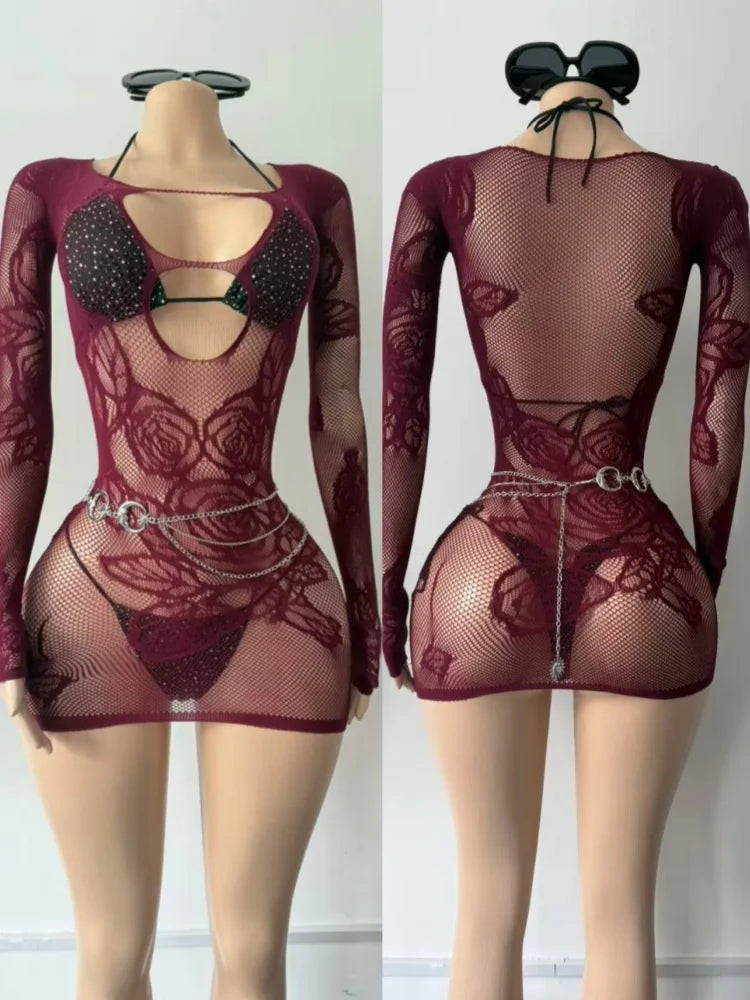Women's Mesh Knit Cutout Long Sleeve Mini Dress