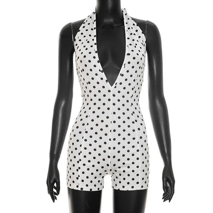 Women's Polka Dot Backless V-neck Halter Romper - Detail View 8