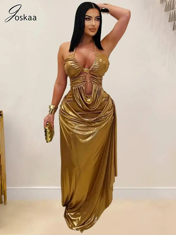 Women's Ruched Cutout Halter Sleeveless Maxi Dress – Women's Fashion Wholesale – Front View