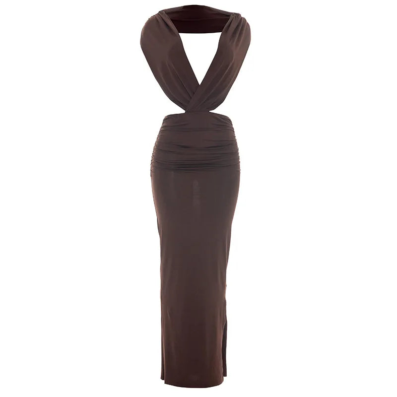 Women's Ruched Backless V-neck Bodycon Maxi Dress - Additional View 7