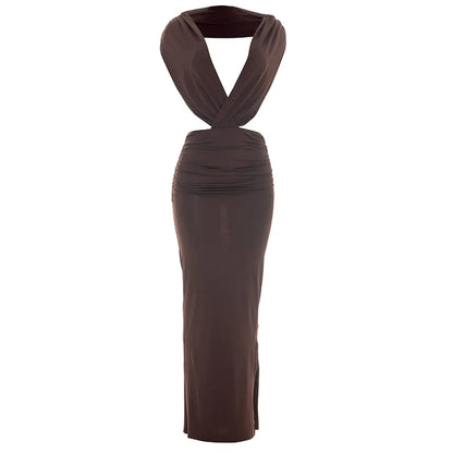 Women's Ruched Backless V-neck Bodycon Maxi Dress - Additional View 7
