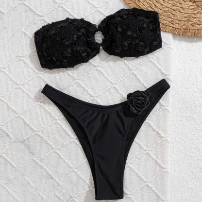 Women's Floral Print Swimwear Flower Decorate Bikini Set