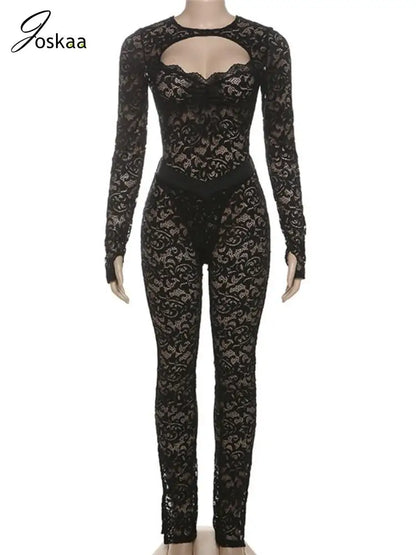 Women's Lace Backless Cutout Two Piece Set Black – Side View