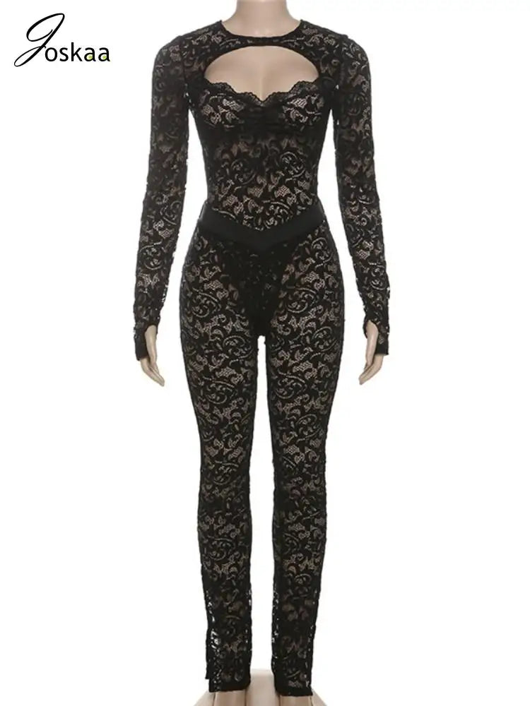 Women's Lace Backless Cutout Two Piece Set Black – Side View