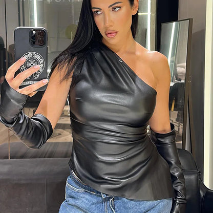 Women's Faux Leather Skew Collar Irregular Two Piece Set