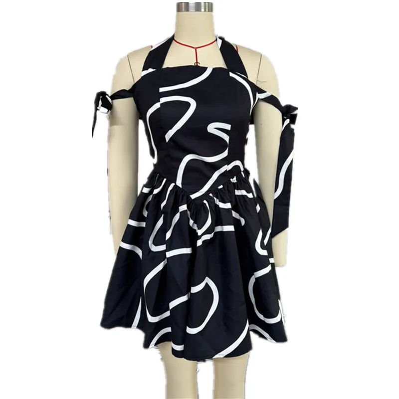 Women's Stripe Lace Backless Halter Mini Dress