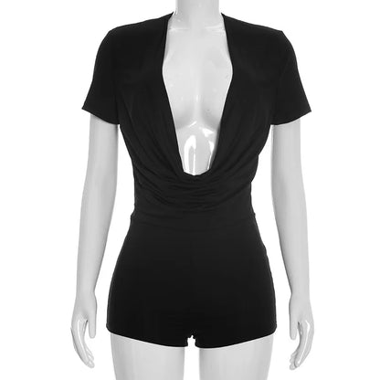 Women's Short Sleeve Bodycon Solid Rompers Slim Romper