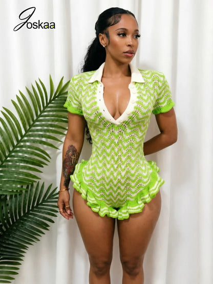 Women's Striped Ribbed Knit Bodycon Romper - Detail View