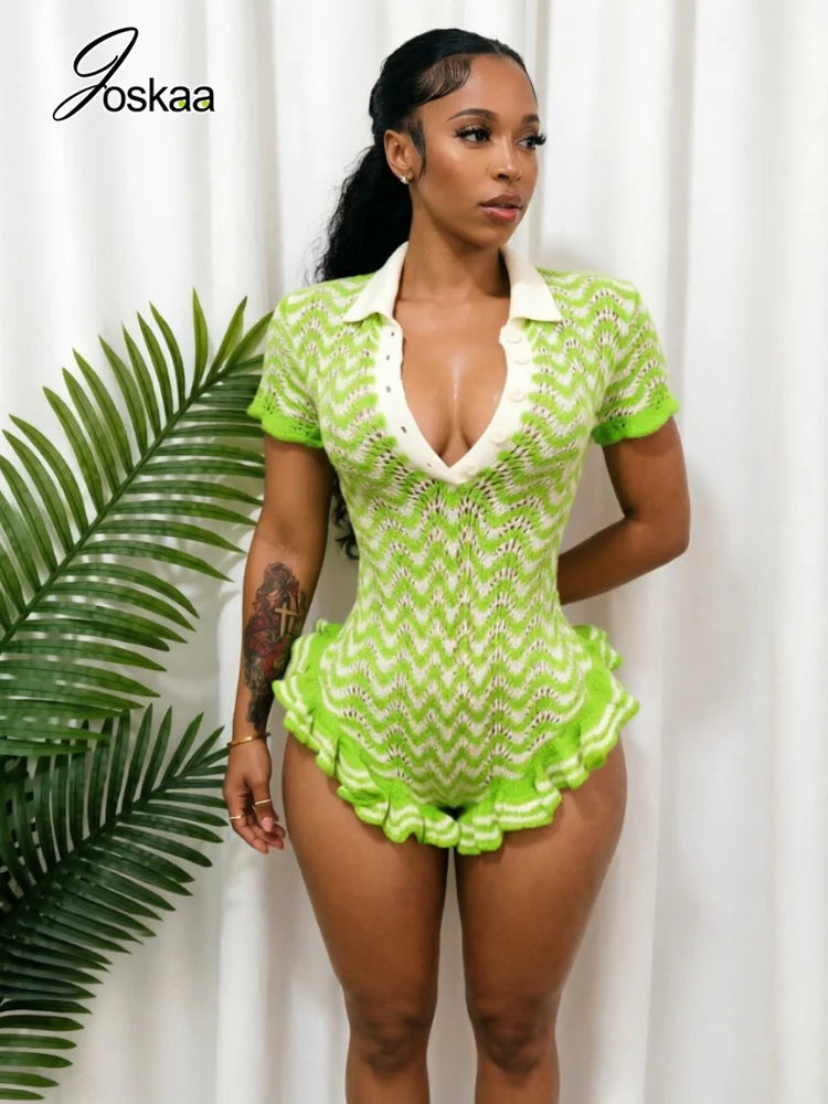 Women's Striped Ribbed Knit Bodycon Romper - Detail View
