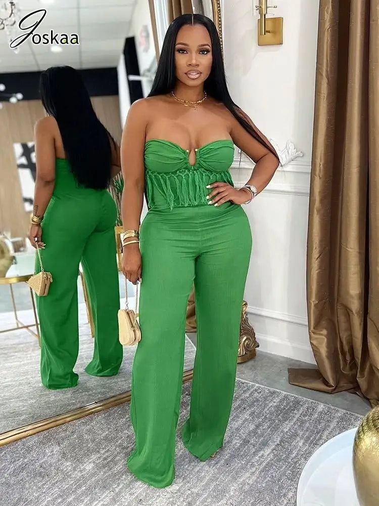 Women's Backless Strapless Flare Zip Wide Leg Romper White – Front View