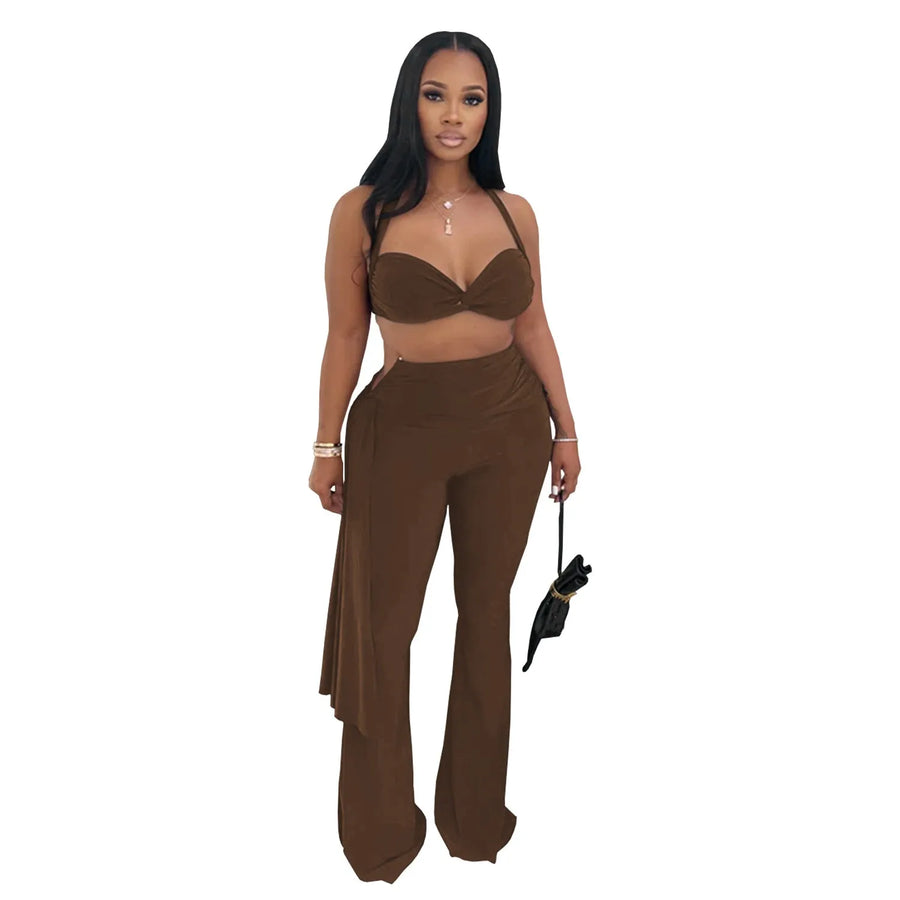 Women's Ruched Backless Halter Two Piece Set
